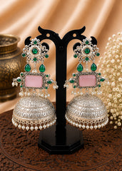 Emerald Bloom Pearl Jhumka Earrings
