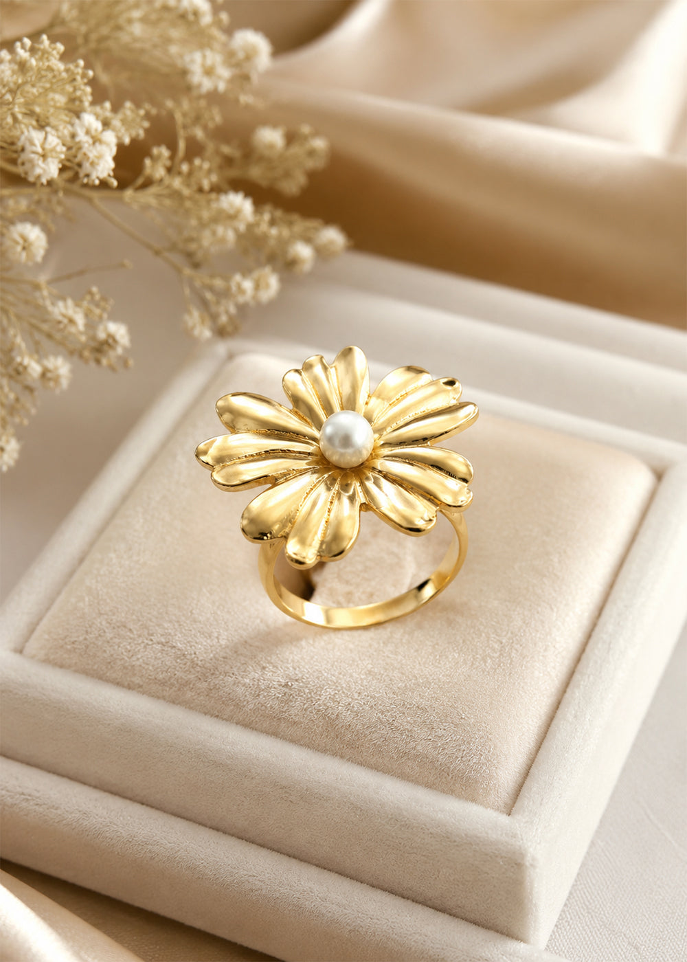 Stylish Golden Flower Ring with Pearl Detail