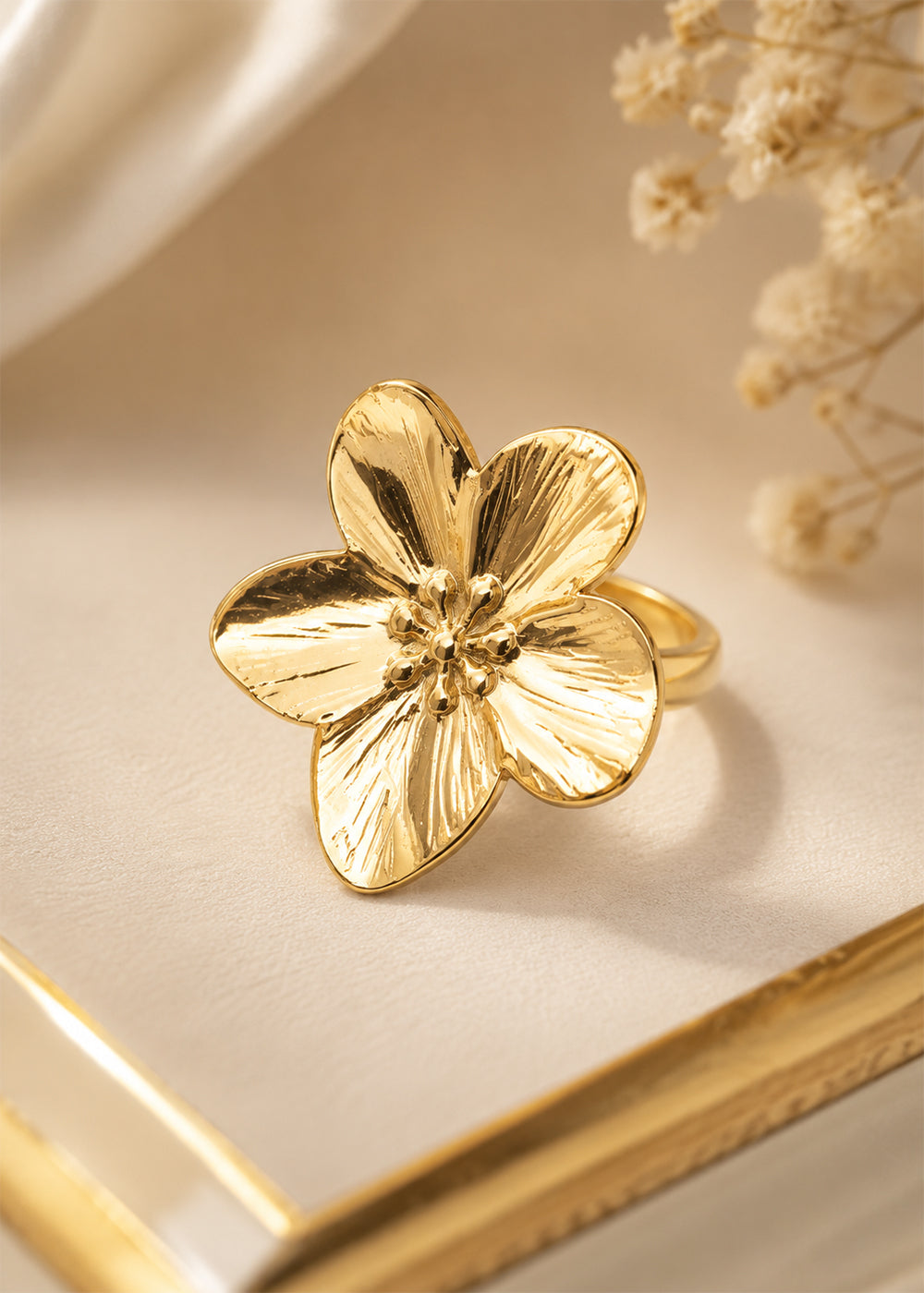 Textured Five-Petal Golden Flower Ring
