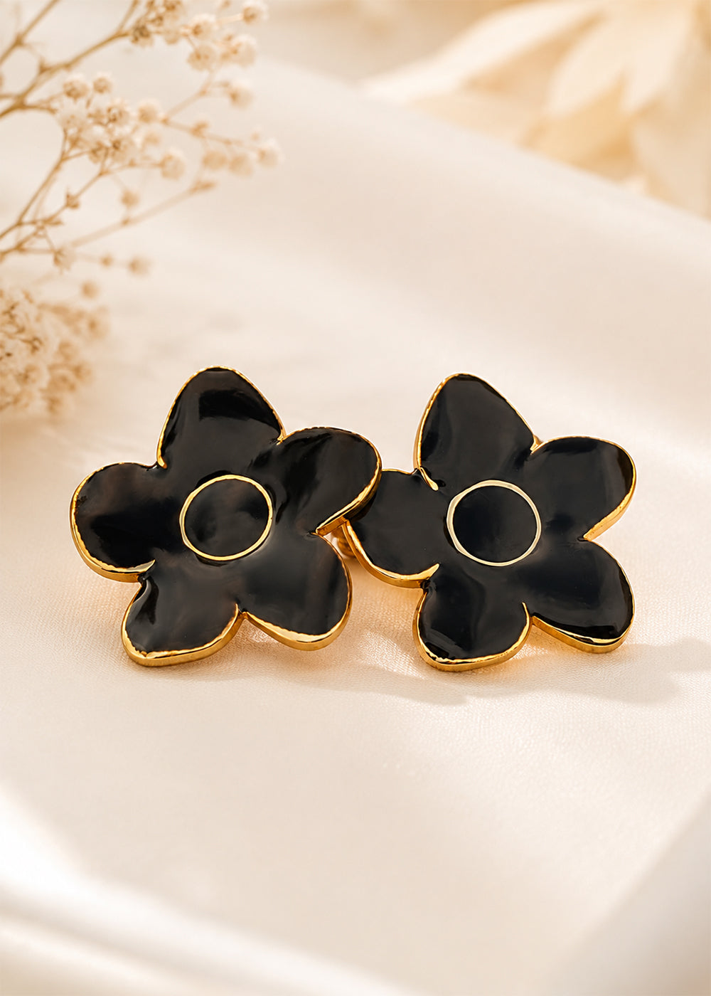 Black & Golden Floral Statement Earrings