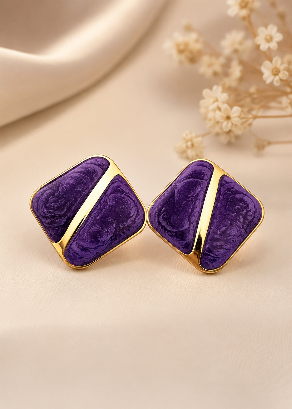 Purple Floral Texture Statement Stud Earrings