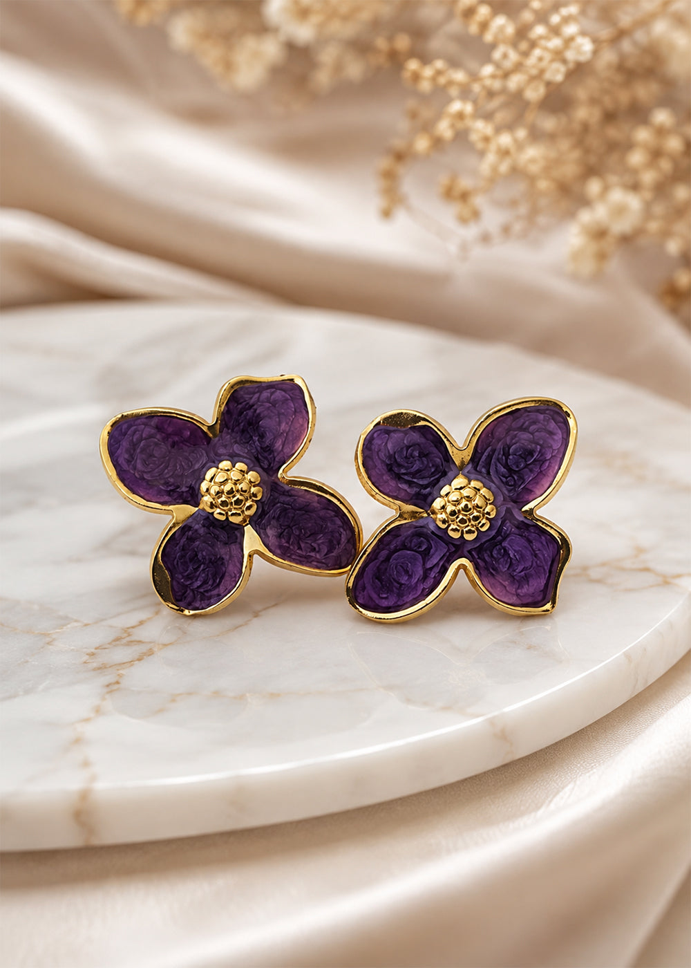 Handcrafted-Look Purple Floral Stud Earrings
