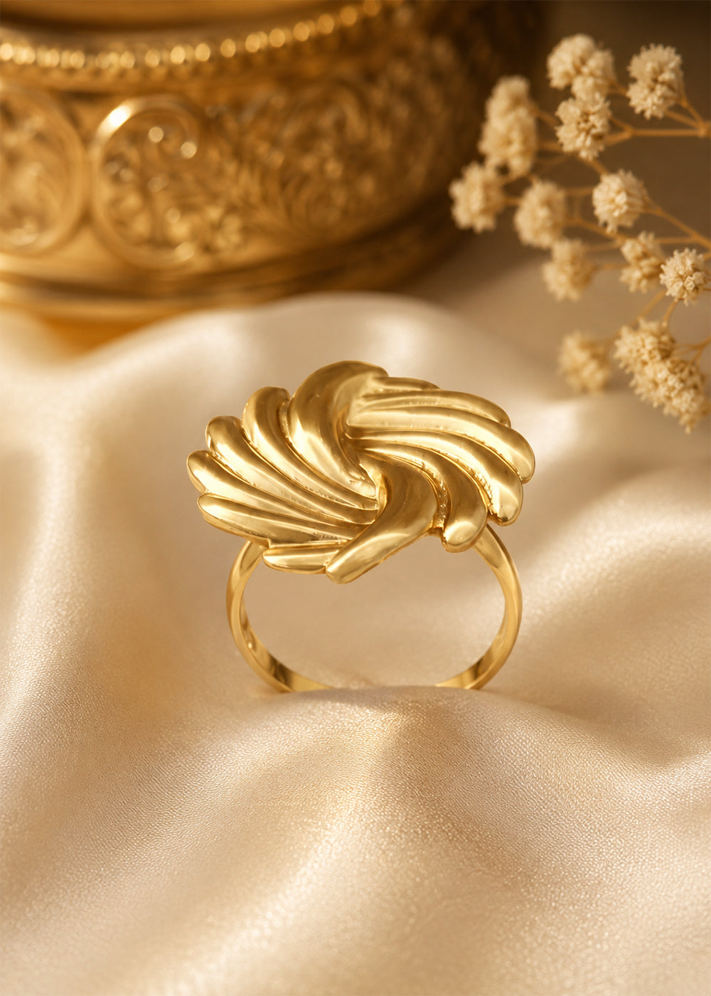Golden Swirl Leaf Statement Ring for Women