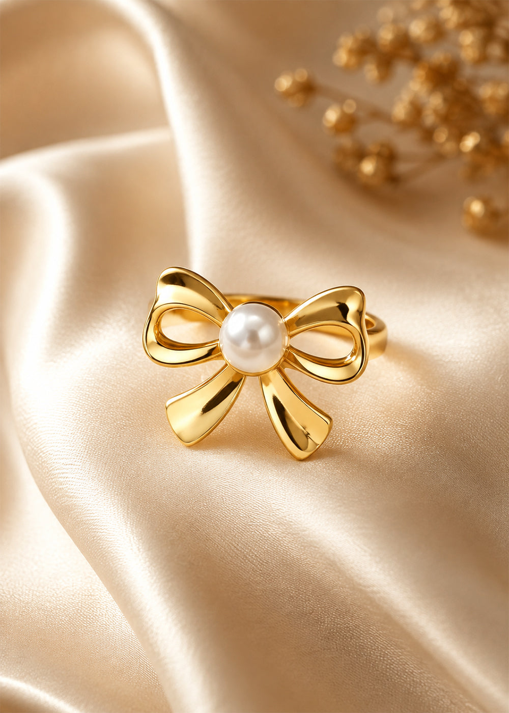 Charming Golden Bow Knot Pearl Ring