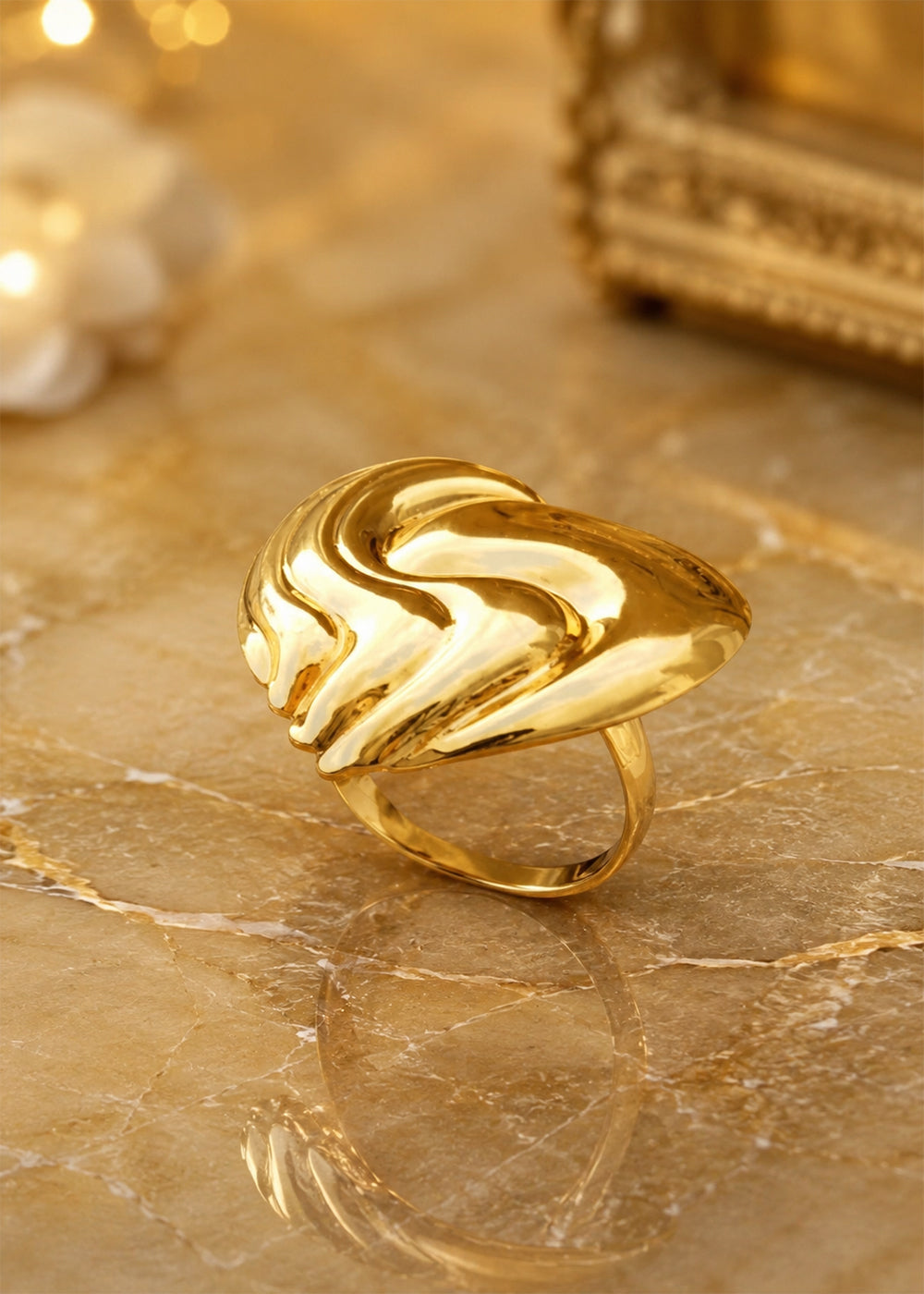 Golden Sculptural Wave Dome Ring for Women