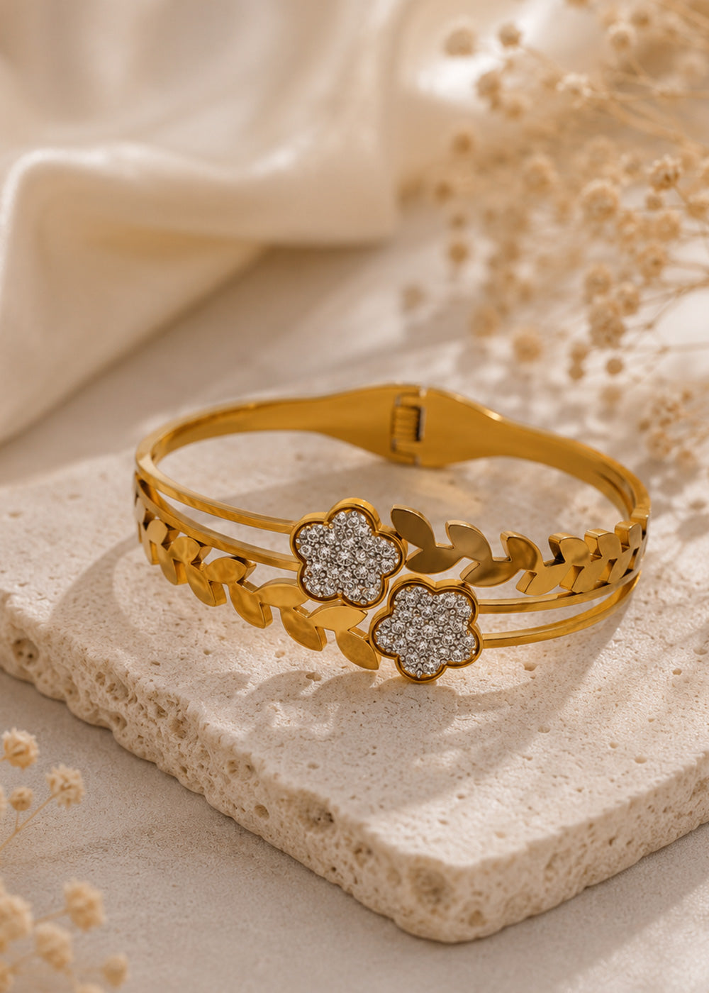 Floral Stone Studded Gold-Plated Bracelet for Women