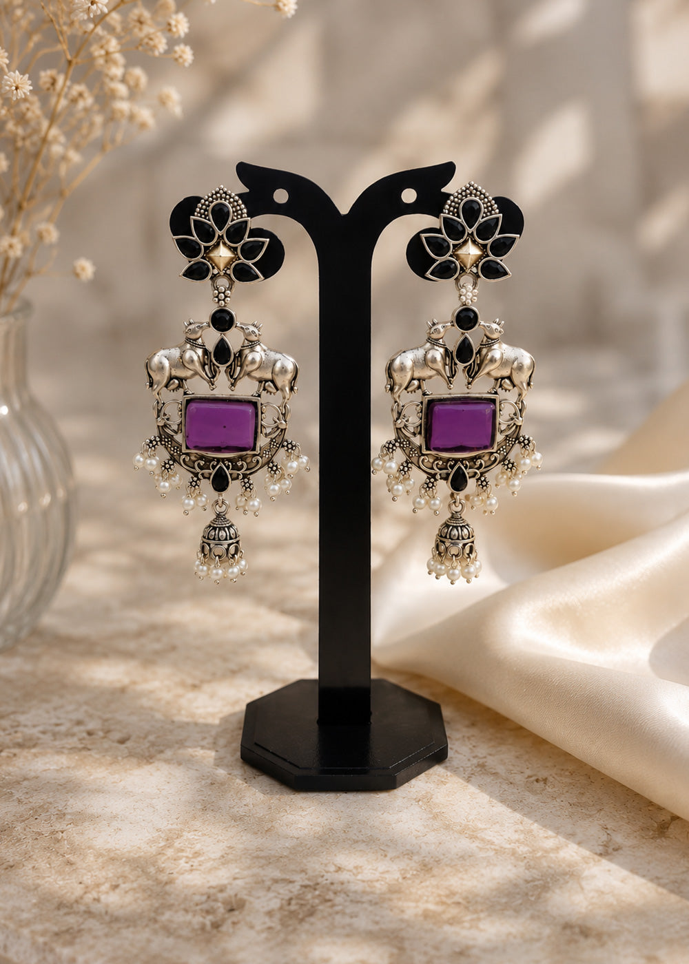 Traditional Oxidised Peacock Stone Jhumka Earrings for Women