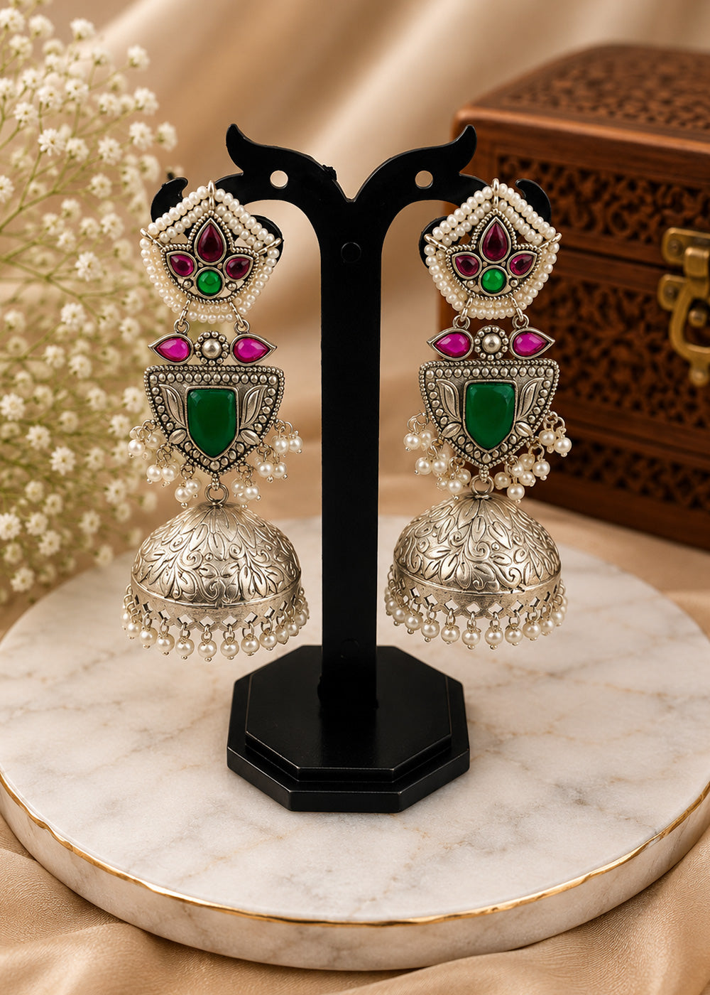 Traditional Green Stone Pearl Jhumka Earrings for Women