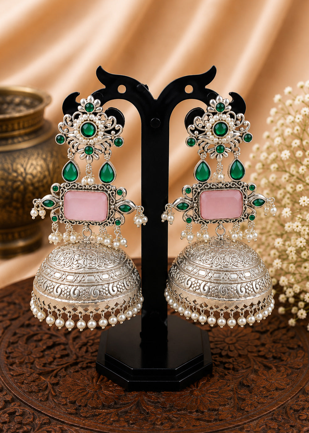 Emerald Bloom Pearl Jhumka Earrings