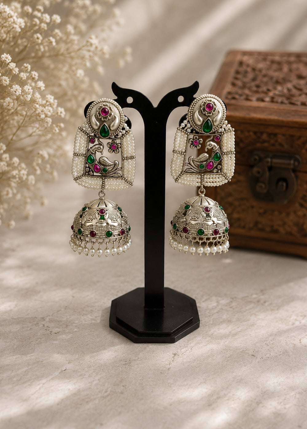 Traditional Oxidised Peacock Pearl Jhumka Earrings for Women