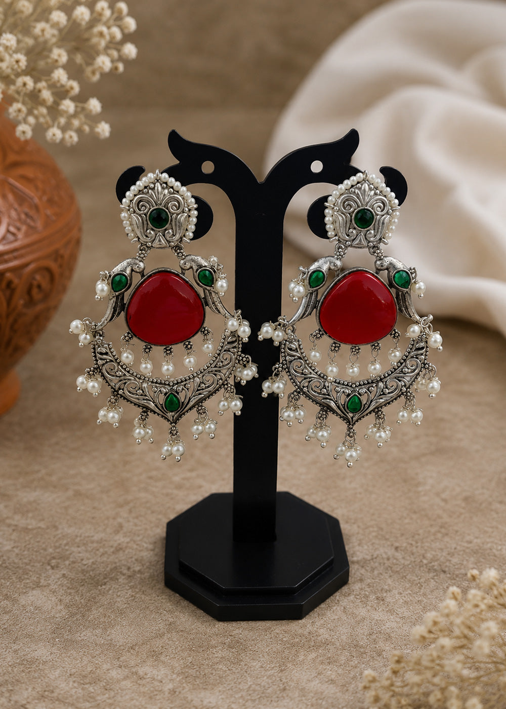 Traditional Red Stone Chandbali Earrings for Women
