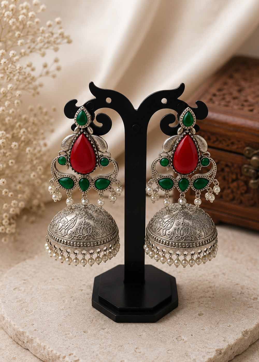 Traditional Red & Green Stone Jhumka Earrings for Women