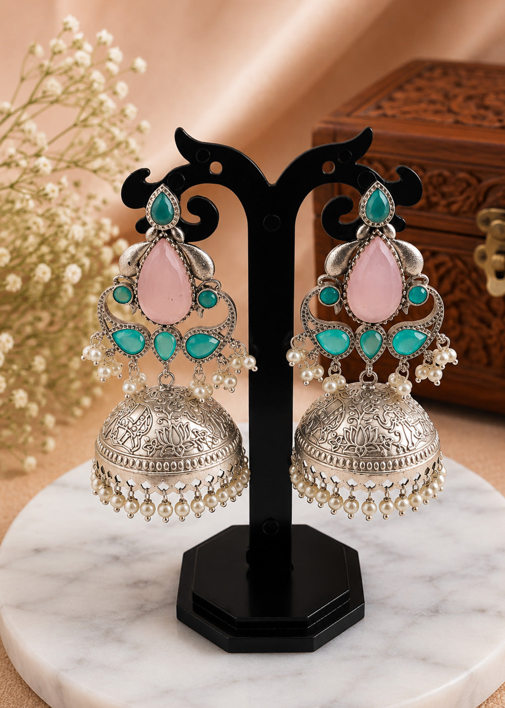 Traditional Pastel Stone Jhumka Earrings for Women