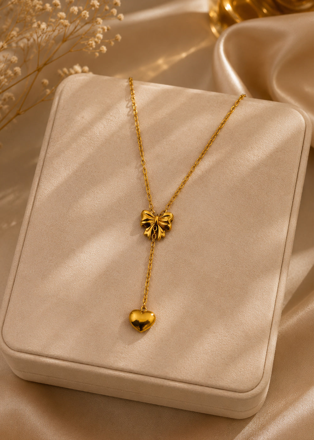 Golden Bow & Heart Drop Necklace for Women